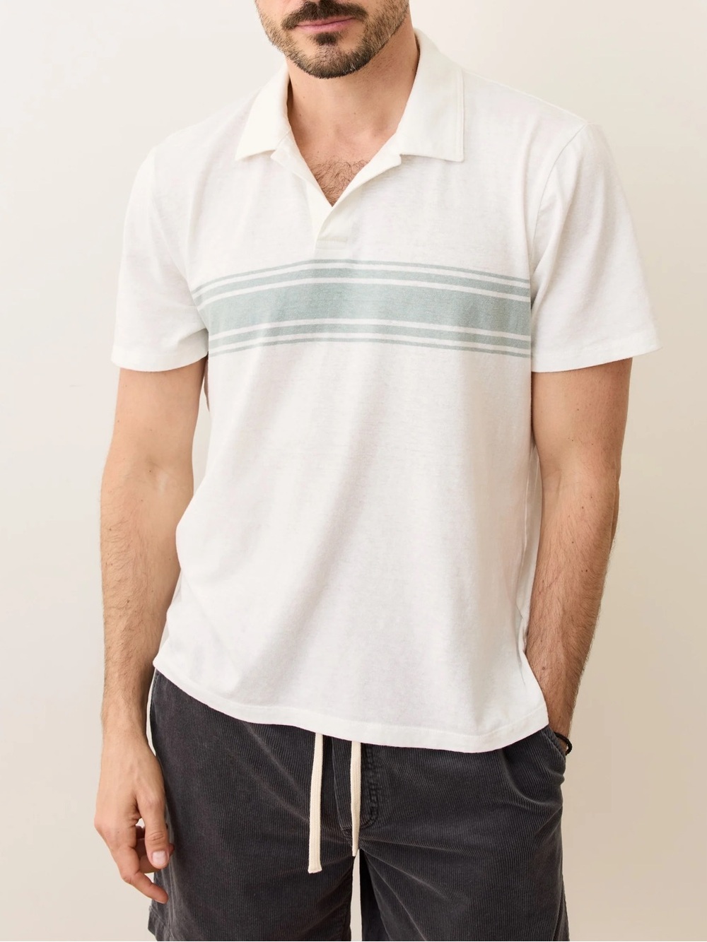 Marine Layer Polo Shirt Mens XL Hemp Resort Short Sleeve White Grey Mist Stripe